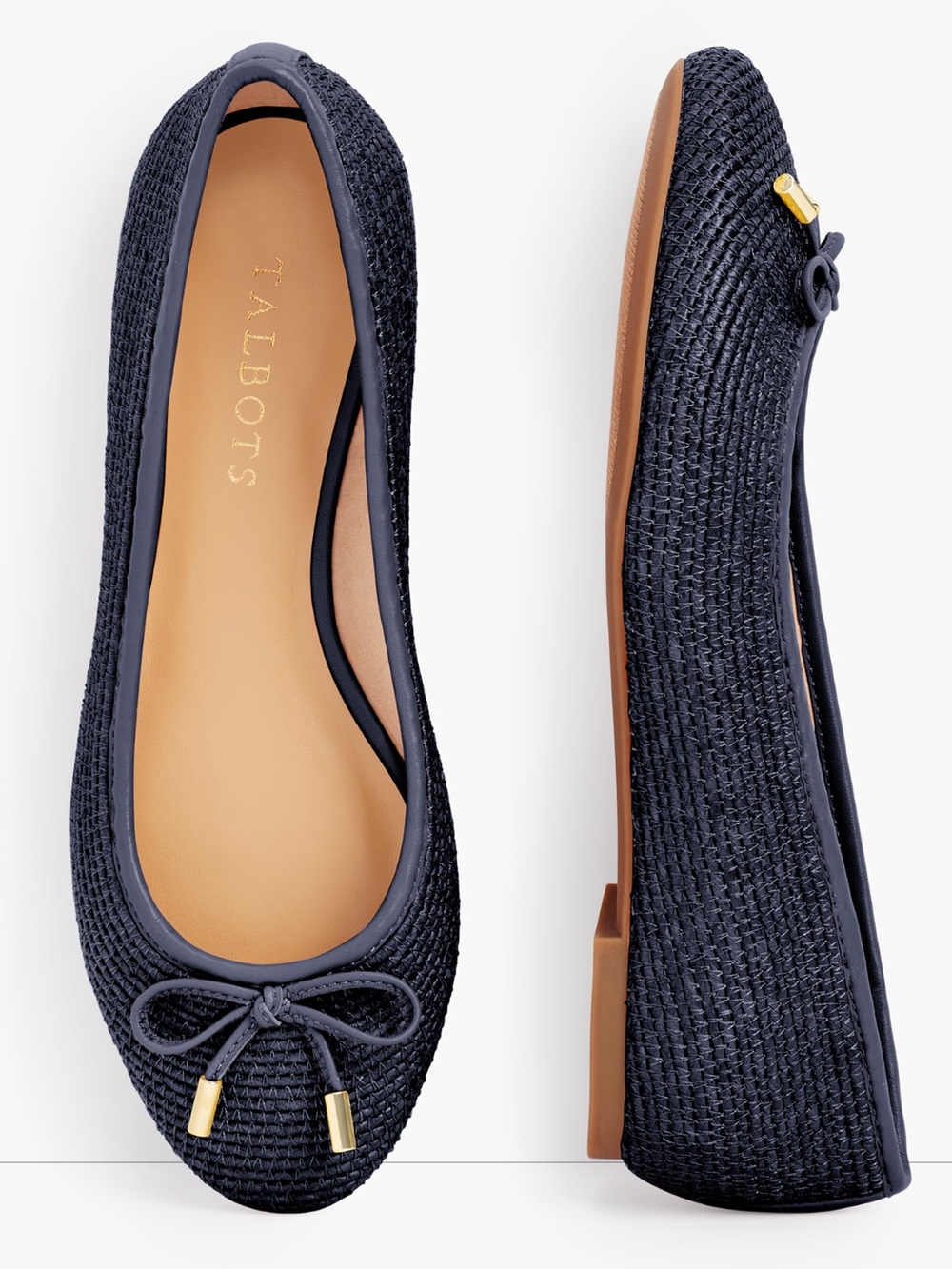 Talbots Olympia Woven Raffia Ballet Flats Indigo Navy Bow Shoes 8.5M
